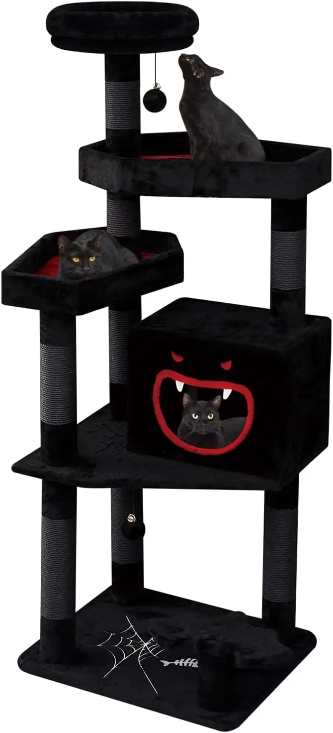 

Gothic Cat Tree with Coffin Bed，62.5' Black Cat Tower with Spacious Demon Styled Cat Condo，Cozy Plush Perch, Scratching