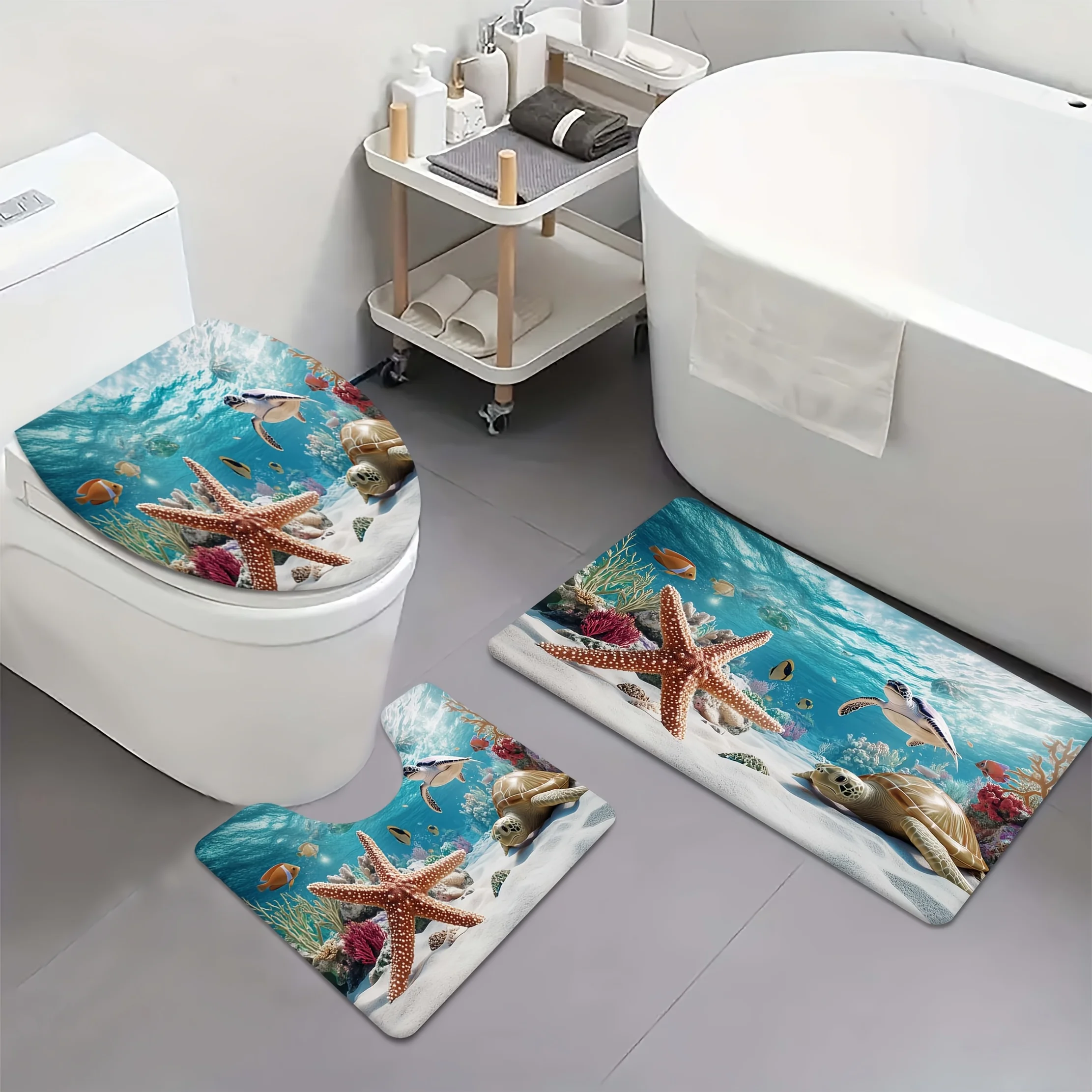 3pcs Ocean-Themed Bath Mat Set - Starfish & Turtle Flannel Mats, Non-Slip Toilet Cover & Rug, Soft Absorbent Decor