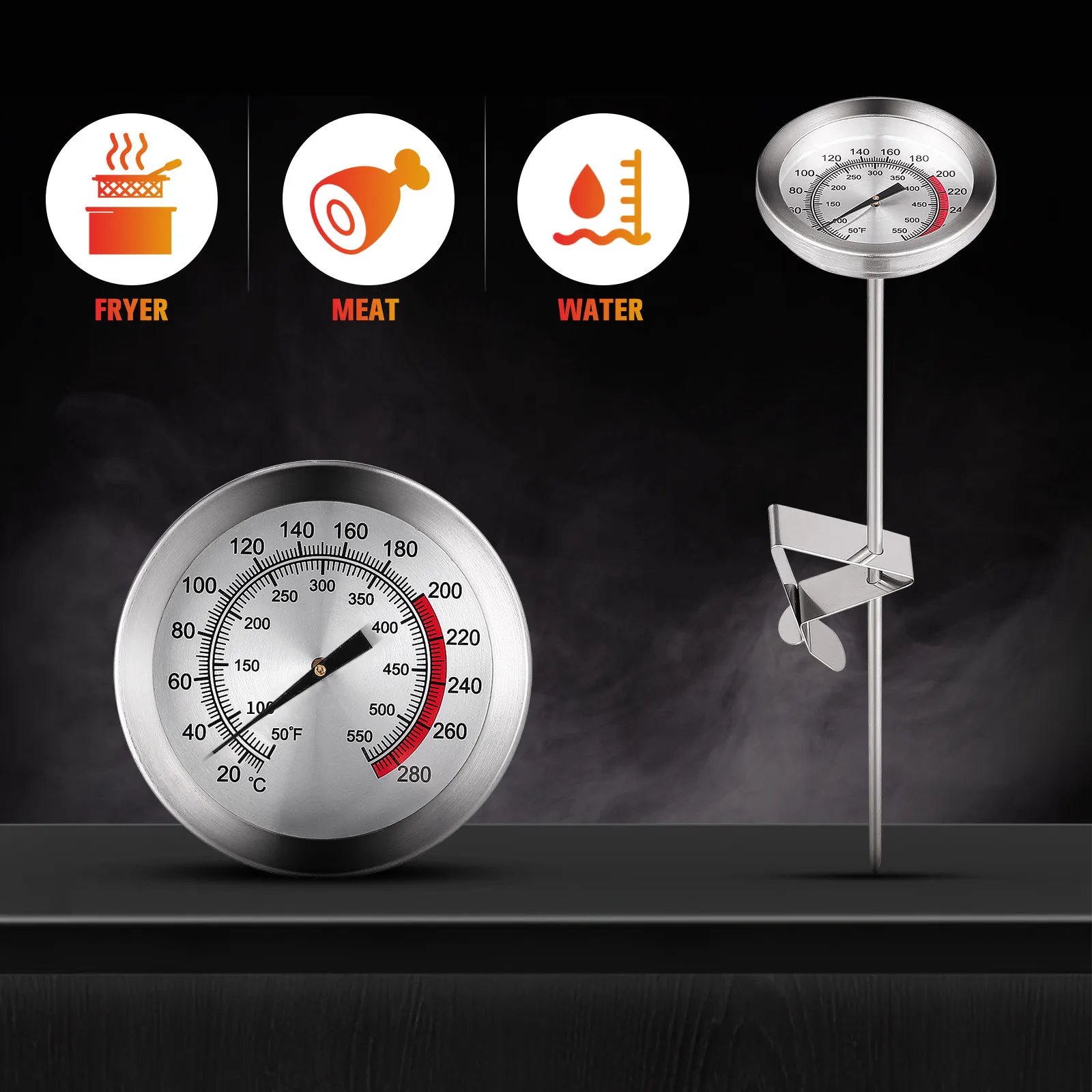 1Pcs Meat Thermometer Food Cooking Probe Kitchen Supplies Stainless Steel Frying Thermometer Large Dial Accurate Temperature