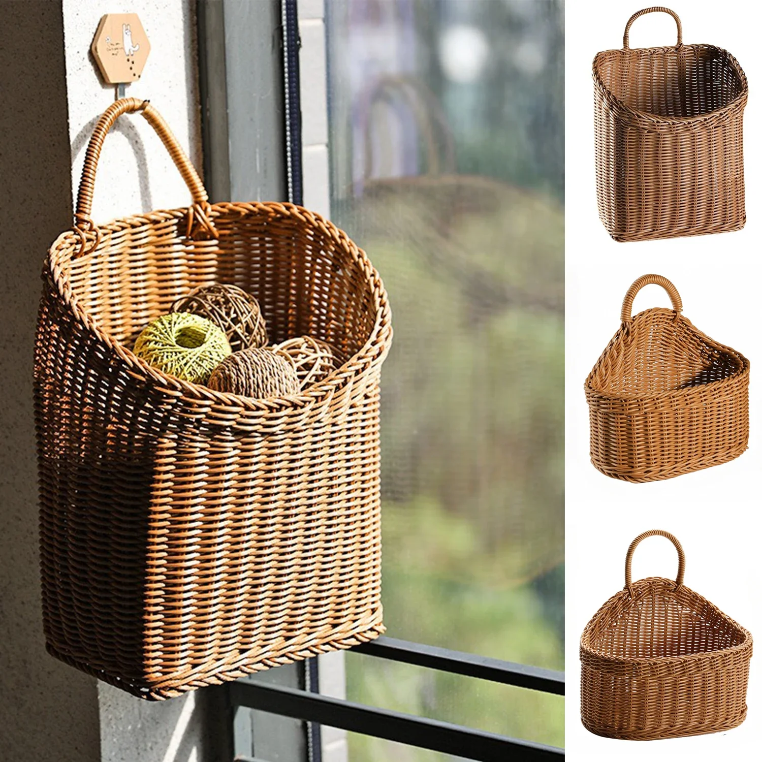 

Home Rattan Wall Mounted Storage Basket Kitchen Vegetable Ginger Garlic Storage Basket Hanging Balcony Decorative Flower Basket