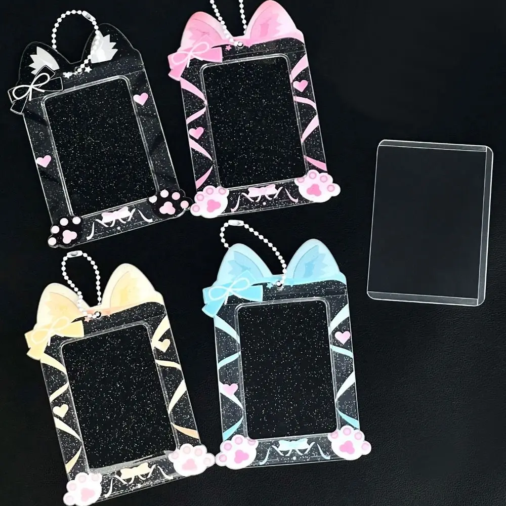 

Clear Cat Photocard Holder Korean Style INS Ribbon Bow Idol Photo Sleeve Protective Case with Chain PVC ID Card Cover Outdoor