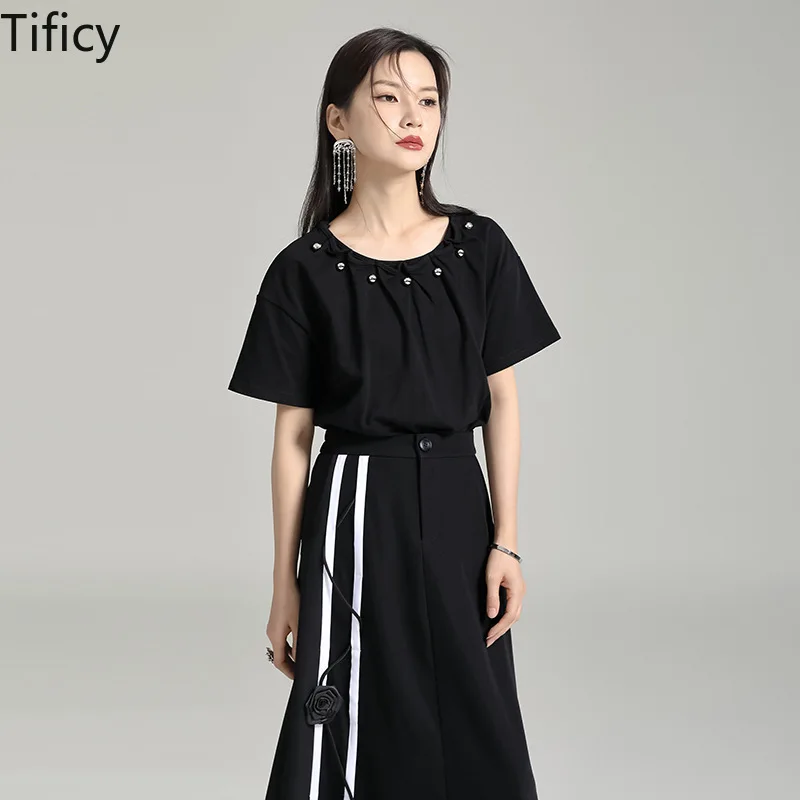 

TIFICY 2024 Summer New Personality Round Neck Loose Top Design Sense Beaded Short Sleeve T-shirt Women's Summer