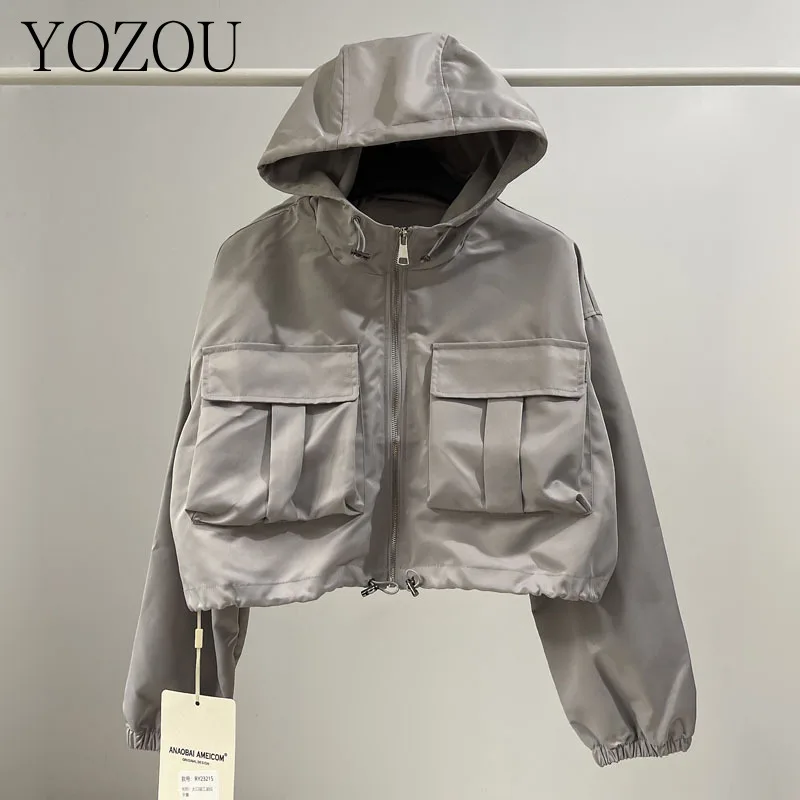 [YOZOU] Autumn Gorpcore Pink Drawstring Cropped Hooded Cargo Outdoor Jackets Zipper Coat with Pockets Women Top Windbreaker