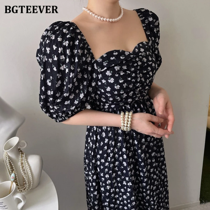 BGTEEVER Sommer Schlanke Taille Frauen Blumen Kleid Elegante Puff Sleeve Weibliche A-line Midi Kleid Damen Vestidos