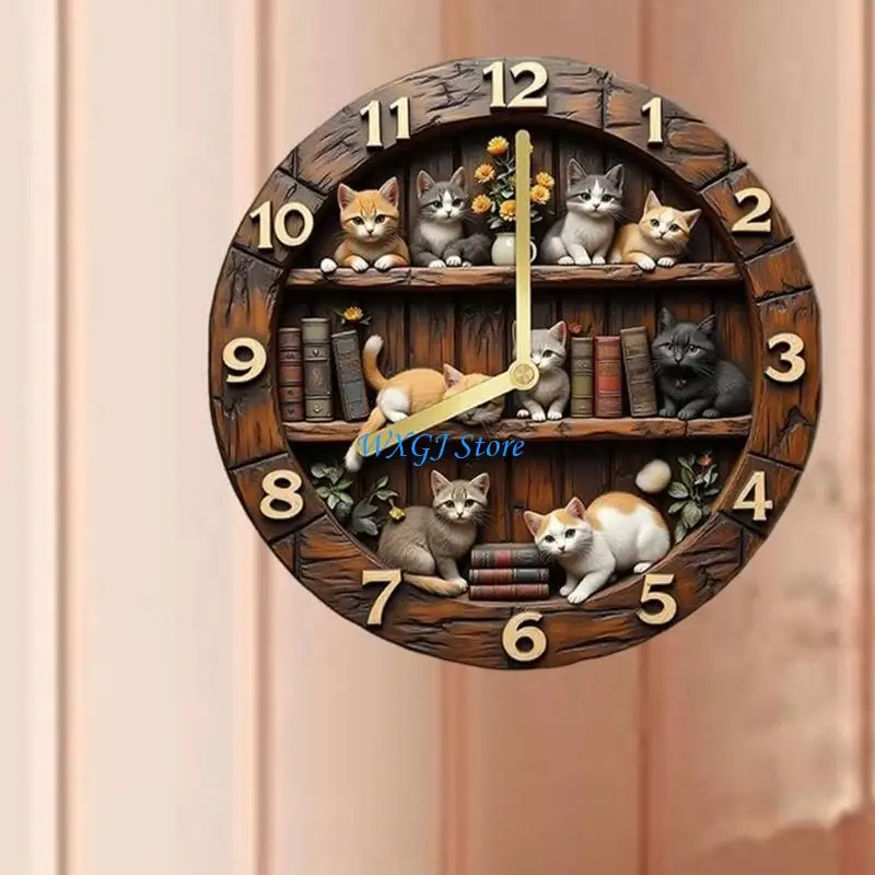 

37JE Adorable Feline Themed Wall Mounted Clock with Precise Mechanism for Home