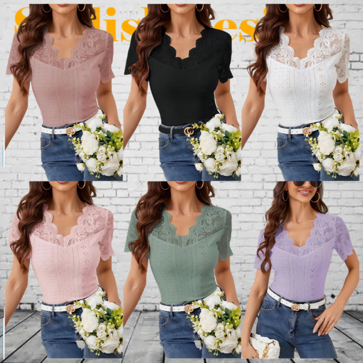 

Elegant Office Commute Fan-Shaped Front Back V-Neck Lace Insert Slim Fitting Slimming Short Sleeve Breathable Fashion Blouse