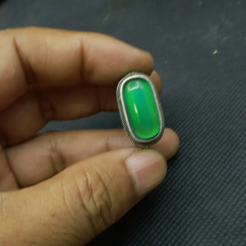 Vintage Antique Silver Tone Ring, Enamel Inlaid Temperature Color Changing Gemstone, Retro Collectible Worry Finger Ring Unisex