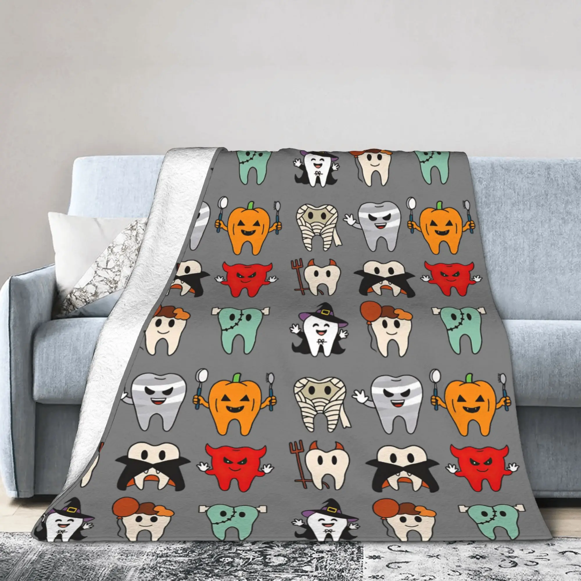 Teeth Knitted Blankets Cartoon Teeth Helloween Wool Throw Blankets Airplane Travel Printed Lightweight Bedsprea,