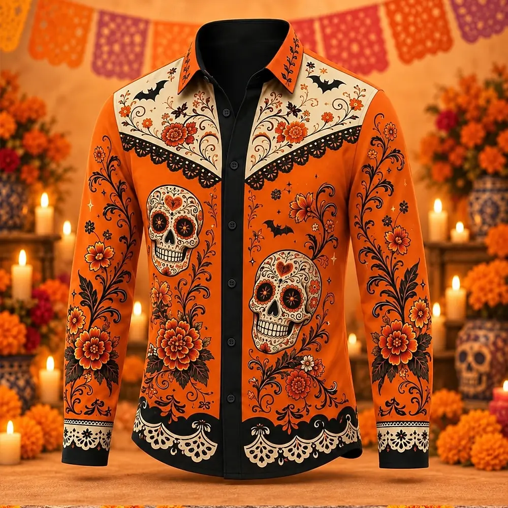 Men Orange Sugar Skull Bat Floral Print Long Sleeve Shirt Lapel Button Day Of The Dead Shirts