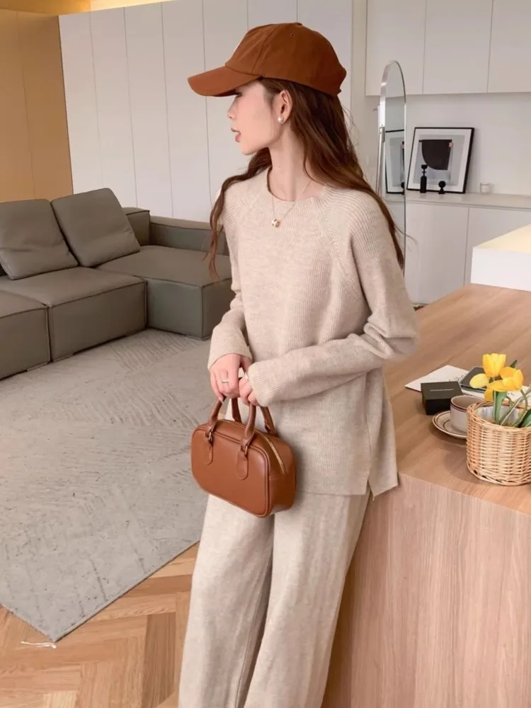 Autumn Casual Sport 2 Piece Set Women Pullover Sweater Knitted Tracksuit High Waist  Straight Pants Suit Female Elegant Clothes