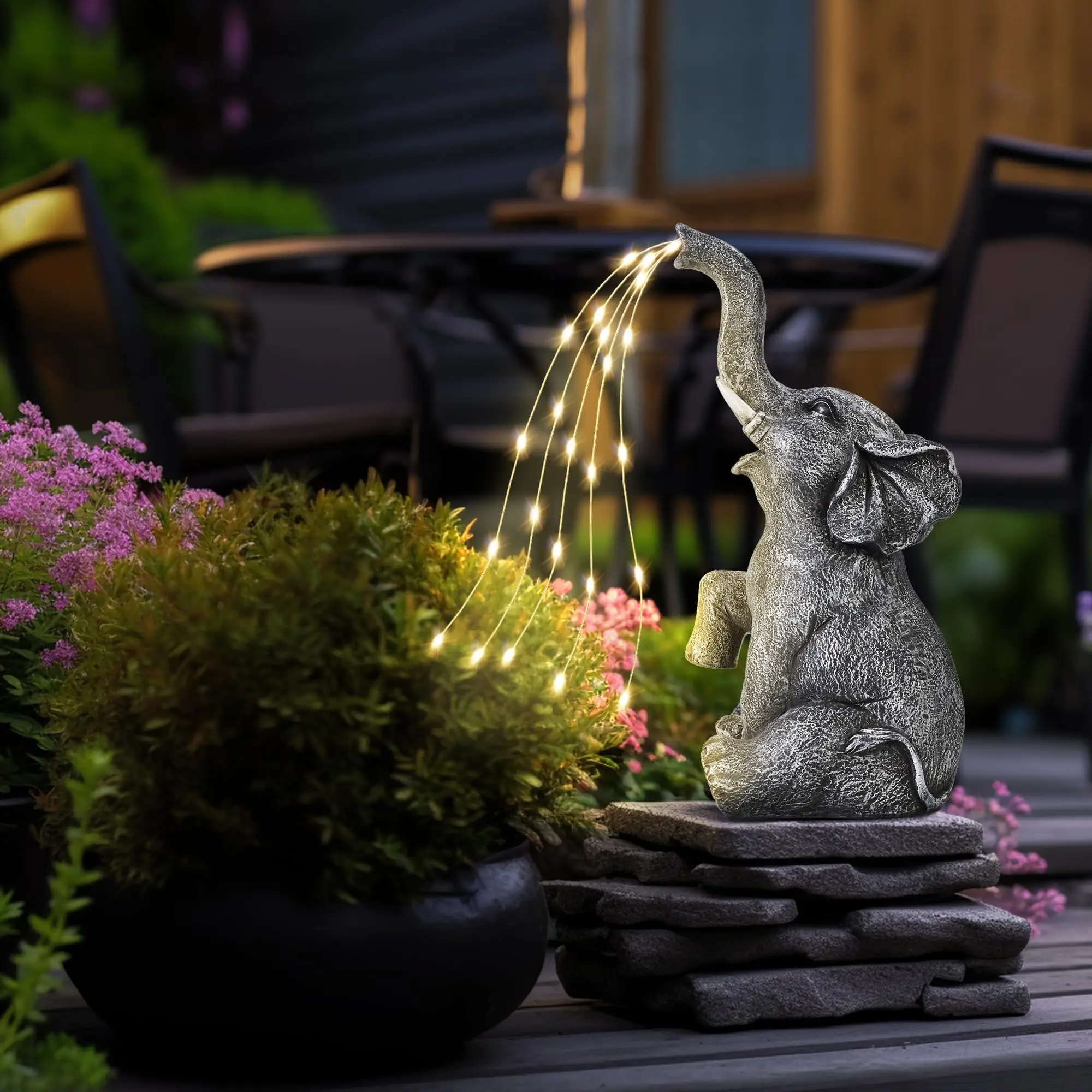 Estátua de elefante decoração solar de jardim cordas de luz LED, presentes de aniversário para mulheres, presentes para mamãe, decoração de elefante ao ar livre para jardim