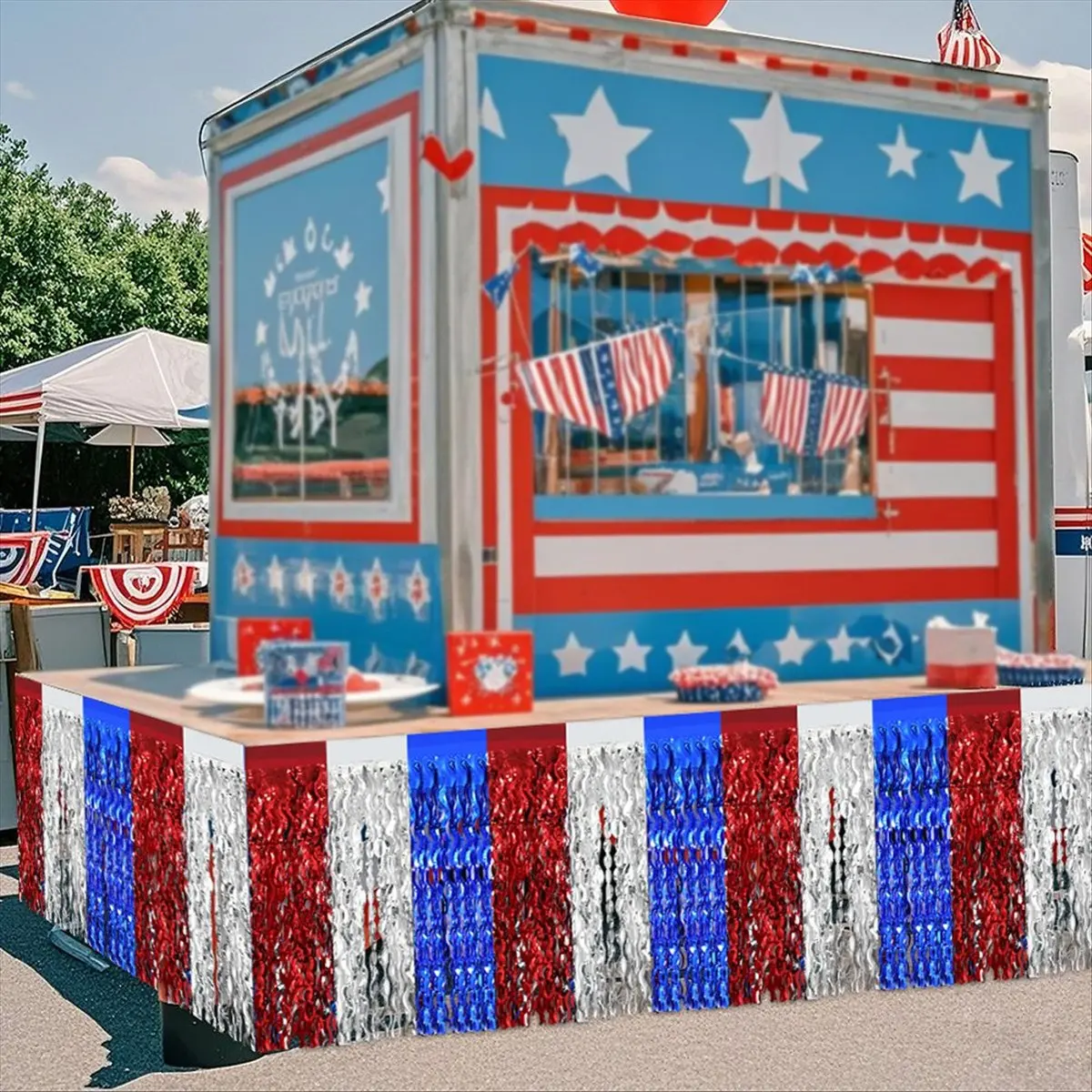 AA77 NEW 4 Pack 4th of July Decorations, Metallic Foil Fringe Tinsel Table Skirts Patriotic Red White Silver Parties Decorations