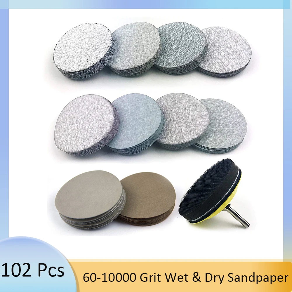 3Inch 102 Pcs Sanding Discs with Backing Pad,Soft Foam Buffer Pad  Hook Loop Grinding Abrasive for Woodworking Automotive Metal