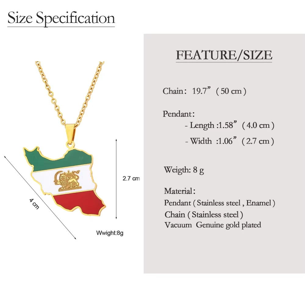 Fashion Enamel Iran Map Flag Pendant Necklaces Iranian Stainless Steel Jewelry for Women Men Girls Boys Charm Gifts