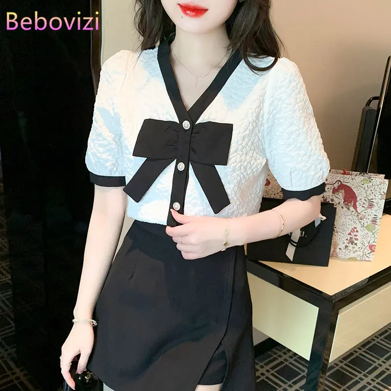 Summer New Korean Style Shirt Tops Bow V-neck Stitching Long Sleeve Chiffon Women's Chiffon Blouse