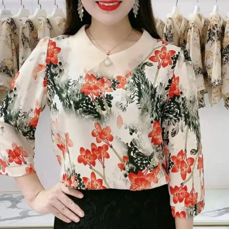 Casual Loose Floral Printed Chiffon Shirt Female Half Sleeve Chic Three-dimensional Decoration Stylish Peter Pan Collar Blouse