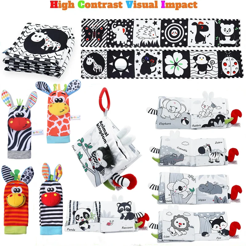 Baby Cloth Book High Contrast Sensory Crinkle Soft Fabric Book Early Learning Educational Toys Black and White Tummy Time Books