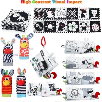 หนังสือผ้าเด็ก High Contrast Sensory Crinkle หนังสือผ้านุ่มการเรียนรู้ของเล่นเพื่อการศึกษาสีดําและสีขาว Tummy Time หนังสือ