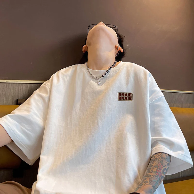 Men Letter Cotton Half Sleeve T-shirt Summer New Korean Casual Loose Pullover Tops Fashion Versatile O-neck Simple White Tees