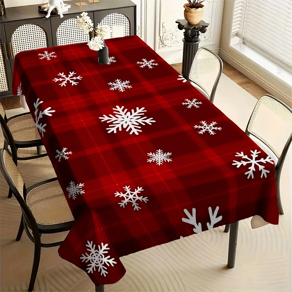 Xmas Check Tablecloth, Red Plaid Background With White Snowflake Pattern,Waterproof Table Cover for Daily Meals & Home Party Use