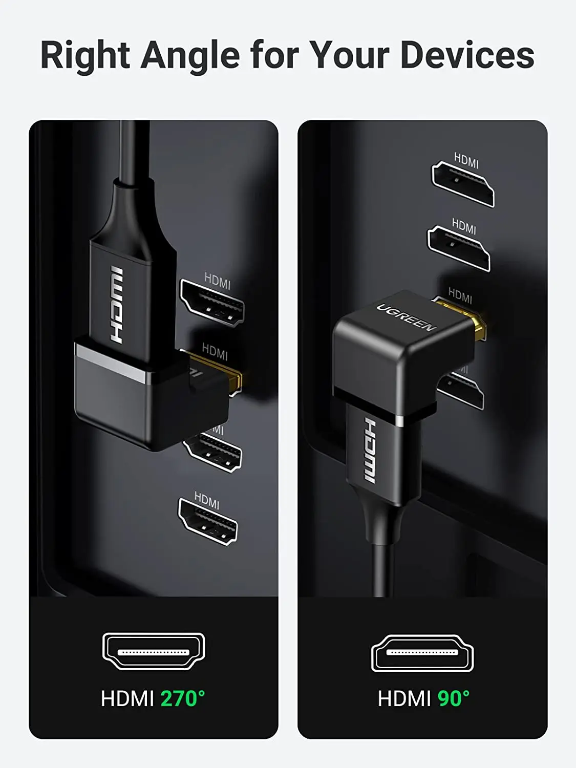 UGREEN HD-MI 90度および270度直角アダプター 金メッキ 高速HD-MI オス-メス変換アダプター