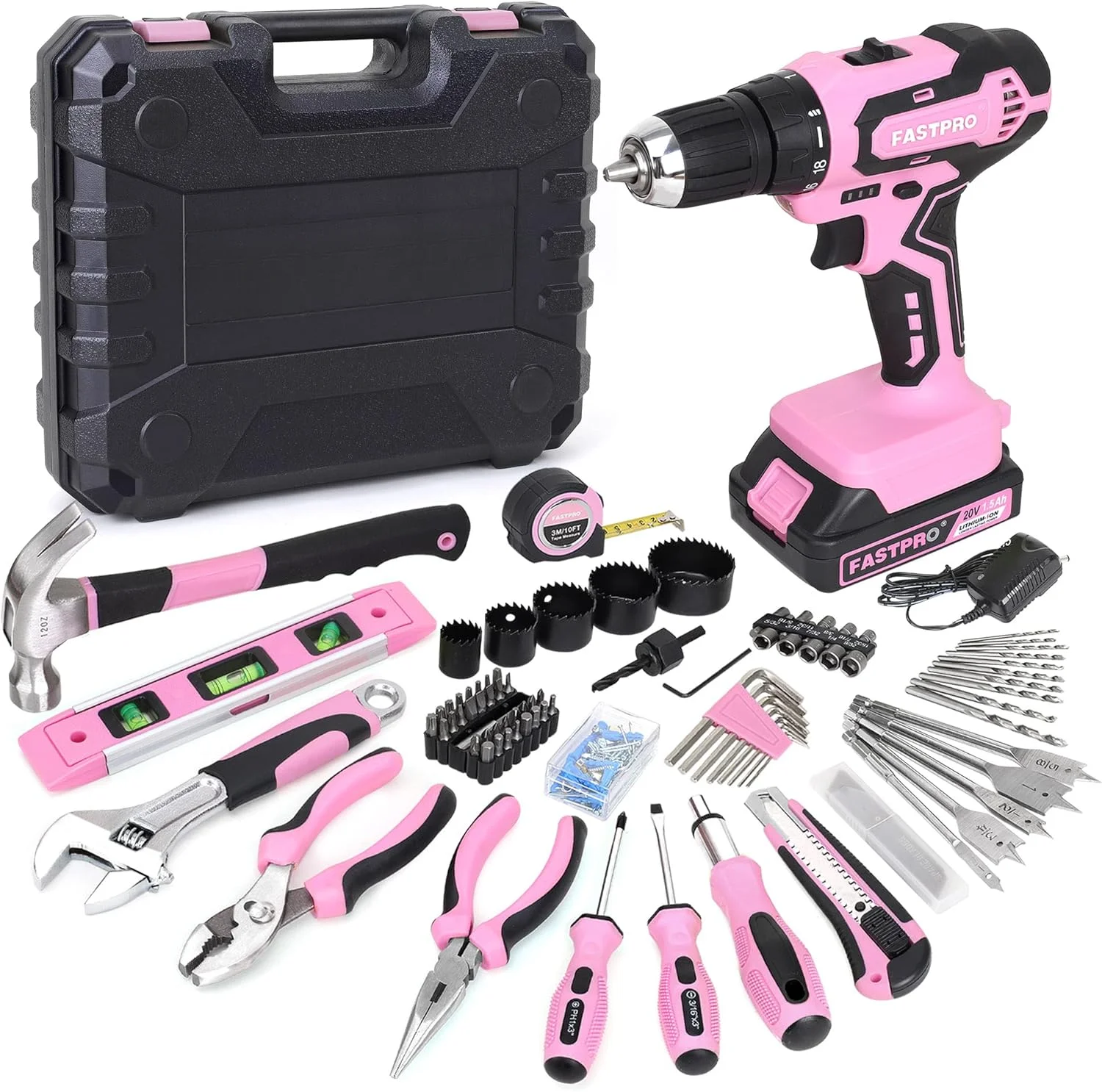 

XMSJ FASTPRO 177-Piece 20V Pink Cordless Lithium-ion Drill Driver and Home Tool Set, Lady's Home Repairing