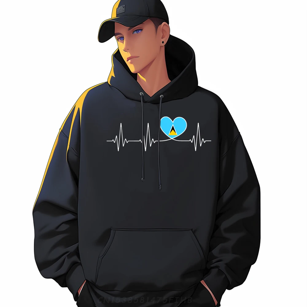 Saint Lucia Love Heartbeat St. Lucian Flag On Saint Lucia Black Hoodie Graphic Tees Men Long Sleeve Tee