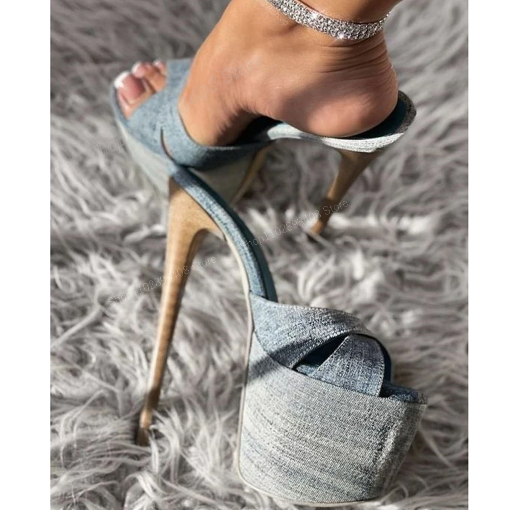 

Blue Demin Cross Tied Hollow Slippers Platform Stiletto High Heel Fashion Sexy Summer Women Shoes 2024 Zapatos Para Mujere