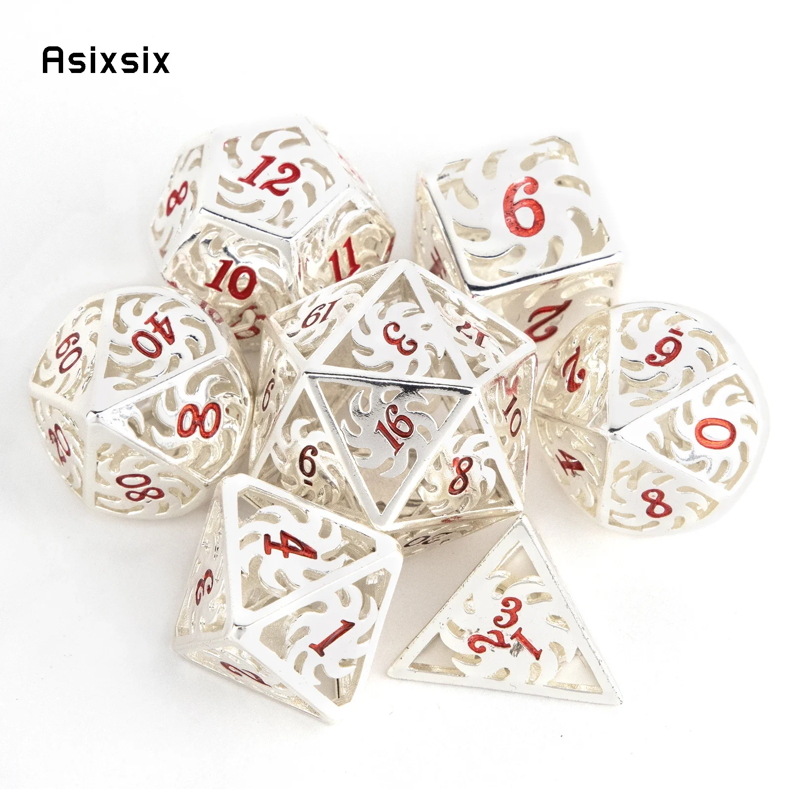 

7 Pcs White Red Rotary Windmill Metal Dice Hollow Metal Polyhedral Dice Set Suitable For Role-Playing RPG Gift Card Game
