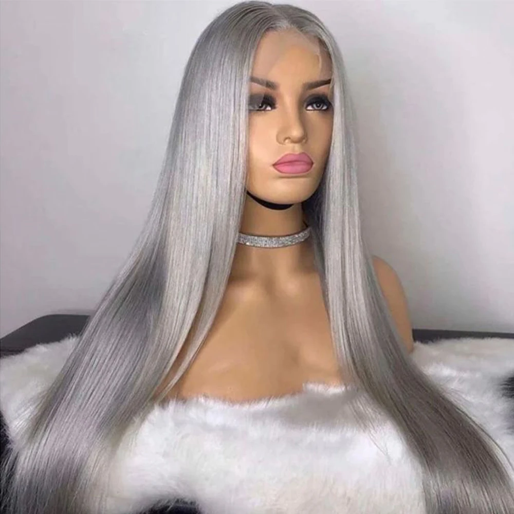 فضي رمادي مستقيم خصلات الشعر المستعار الإنسان البرازيلي 13x6 الدانتيل الشفاف شعر مستعار أمامي 200 الكثافة رمادي اللون قبل قطعها للنساء