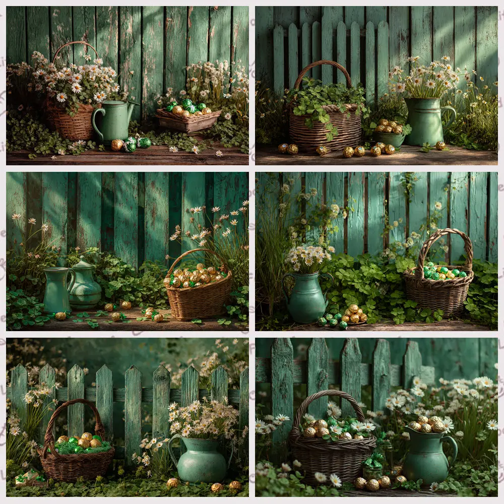 St. Patrick's Day Photography Background Green Clover Lucky Flowers Green Kettle Easter Egg Kids Birthday Party Decor Backdrop