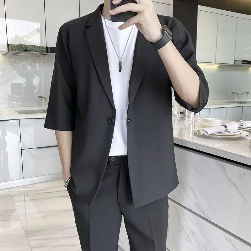 Men's Summer Lightweight Cropped Sleeve Blazer Set Korean Style Loose Fit Casual Suit Thin Short Sleeve 2 Piece Outfits