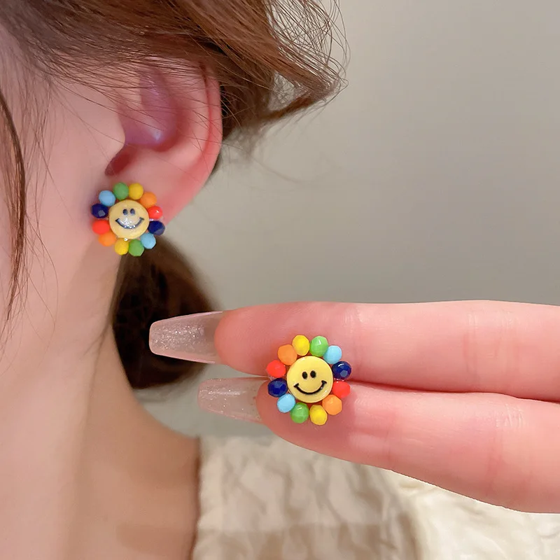 Cute Sunflower Smile Face Stud Small Little Daily Wear Accessories Colorful Women Jewelry Elegant Vacation Charming Stud Earring