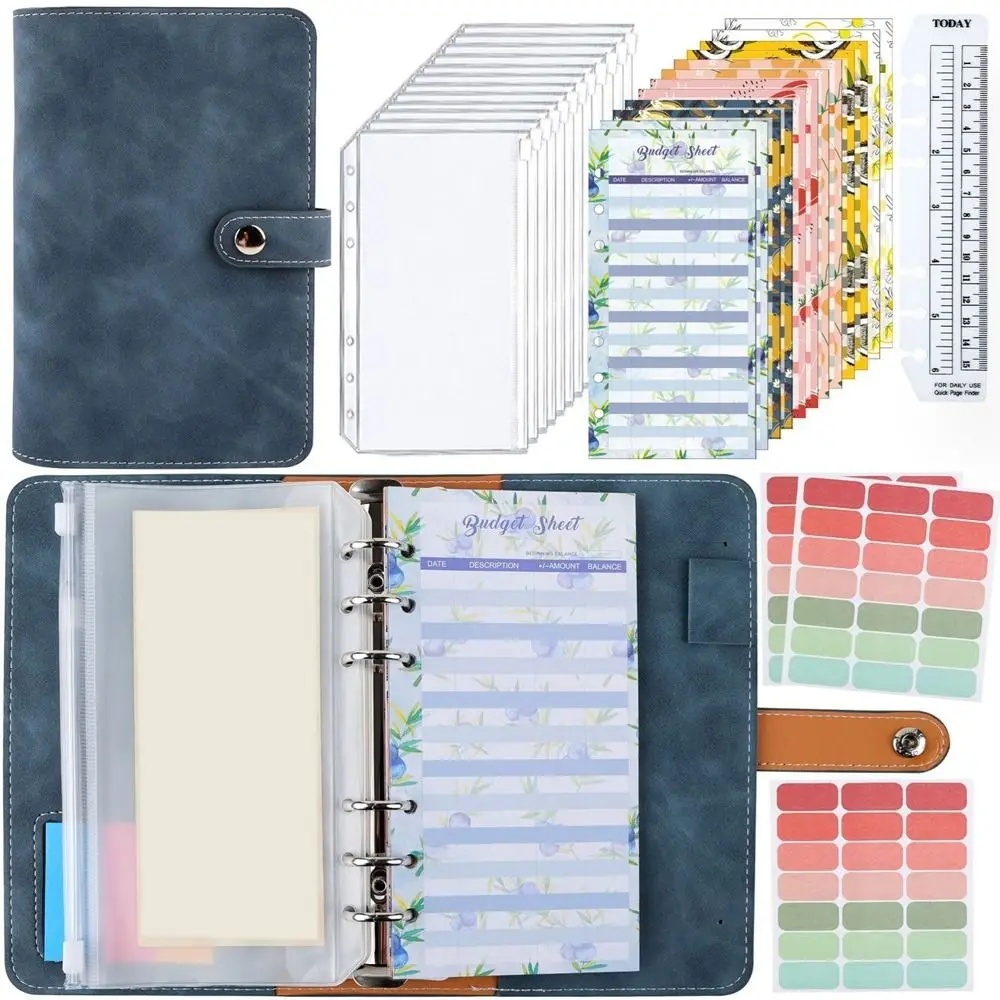 PU A6 مخطط الميزانية الناعمة الملونة 6 حفرة الموثق جيوب A6 كتيب حقيبة التخزين مع 12 قطعة جيوب الموثق A6