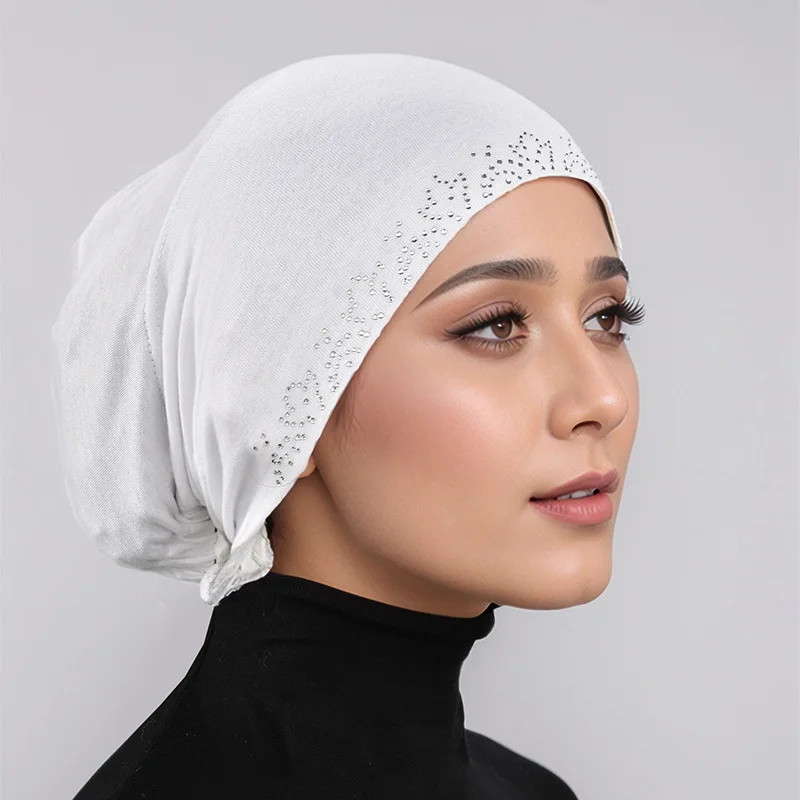 

Jersey Underscarf Beanies Bonnet Lace Up Headscarf Turban Women Muslim Inner Hijab Rhinestone Head Wrap Undercap Turbante Mujer