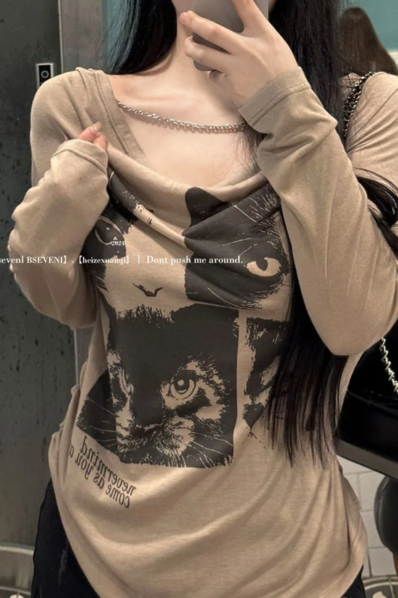 

Весенне-осенняя новая стильная винтажная длинная футболка с принтом кота, модная универсальная простая стильная удобная женская одежда