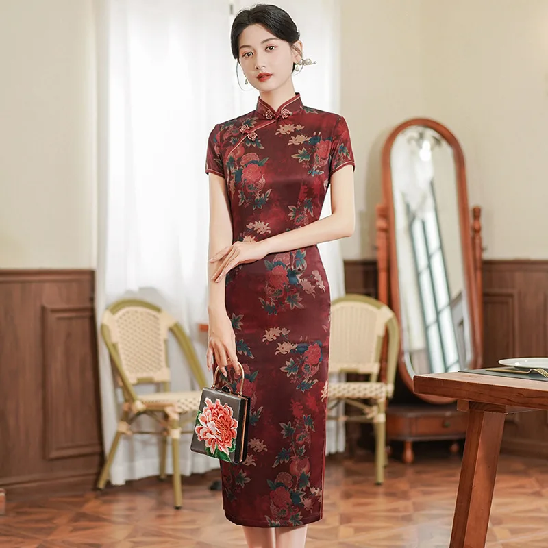 

Banquet Long Qipao New Chinese Dresses Elegant Cheongsams Sexy Women Floral Printing Dress Vestidos Silky Satin Improved Gown