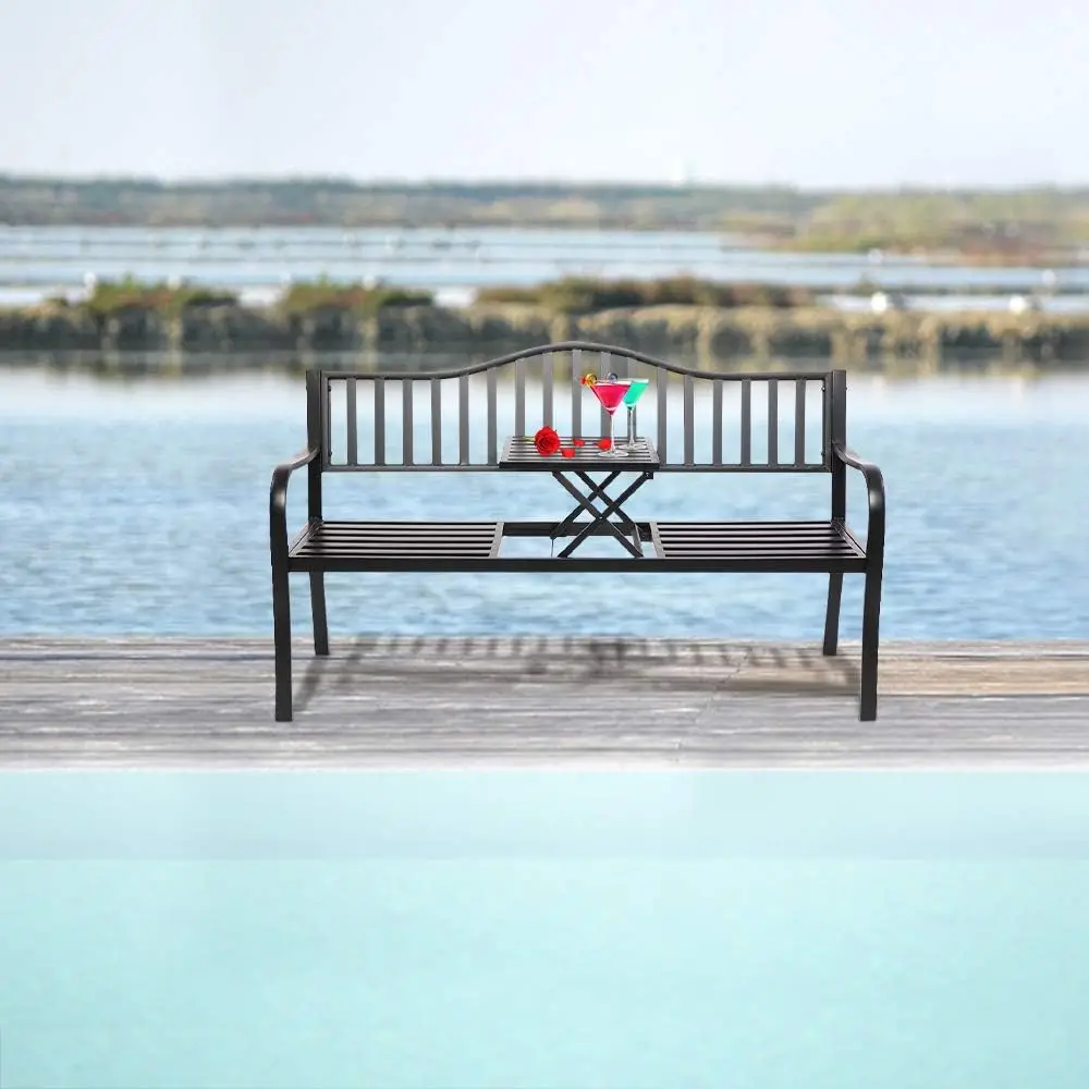 Banc de jardin en métal avec table intégrée, extérieur, météo, porche avant, banc de parc, 59 po