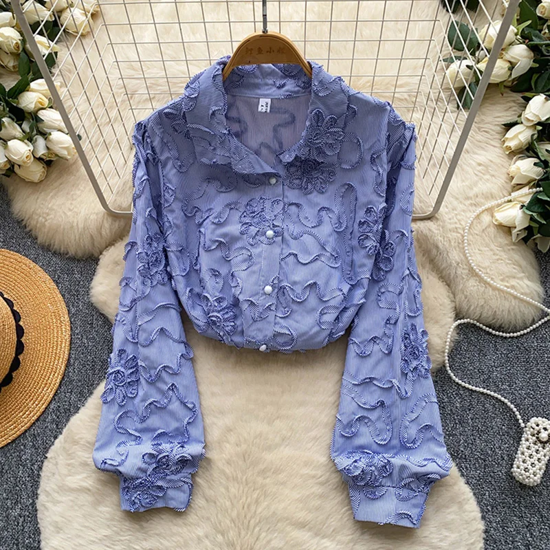 

Women's Summer Shirt Korean Style Floral Embroidered Shirt Women Long Sleeve Spring Fall Casual Loose Blouse Female Tops BL483