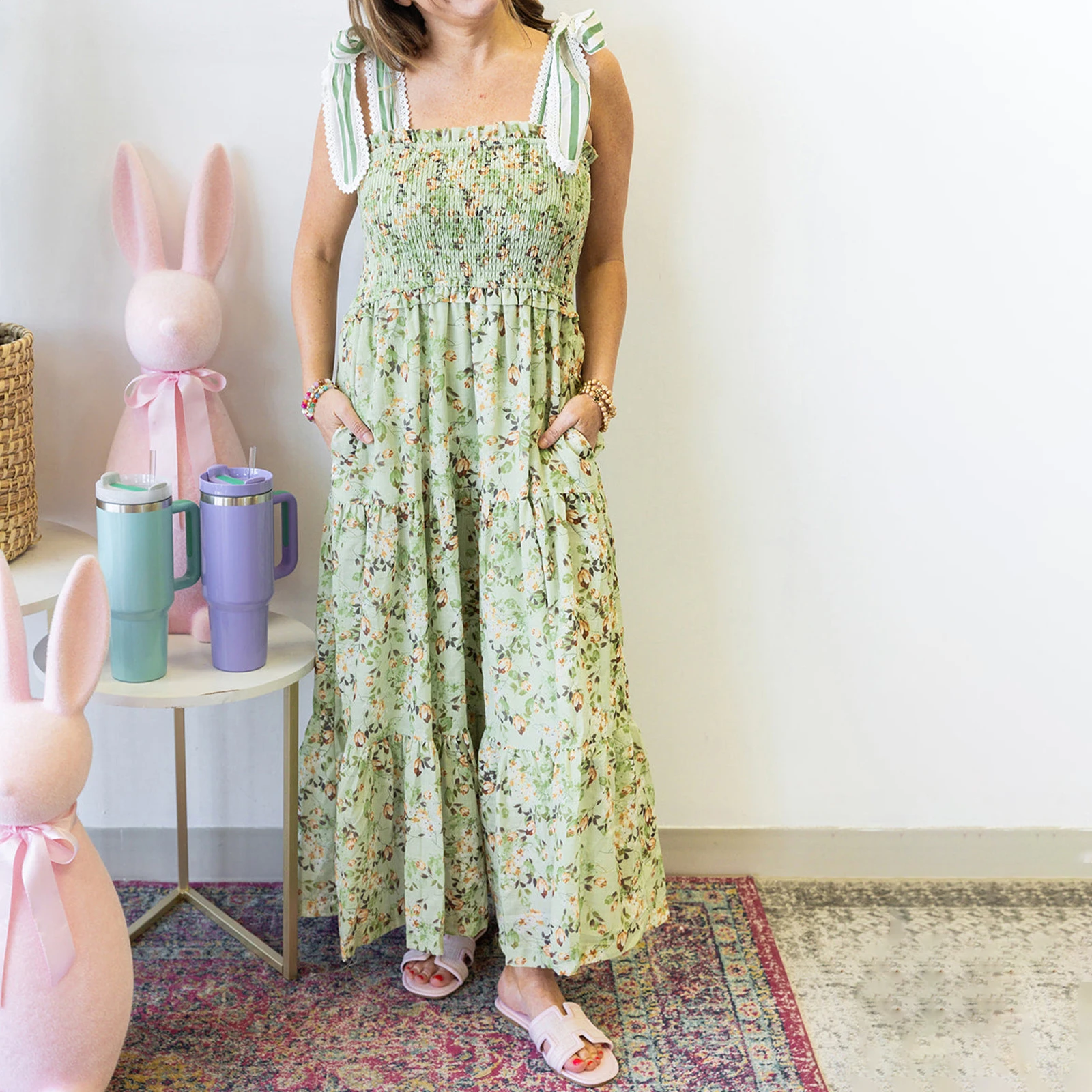 Combhasaki Abito lungo da donna estivo senza maniche, casual, con spalline larghe, stampa floreale, smock, senza schienale, con volant, a-line, abito lungo da festa
