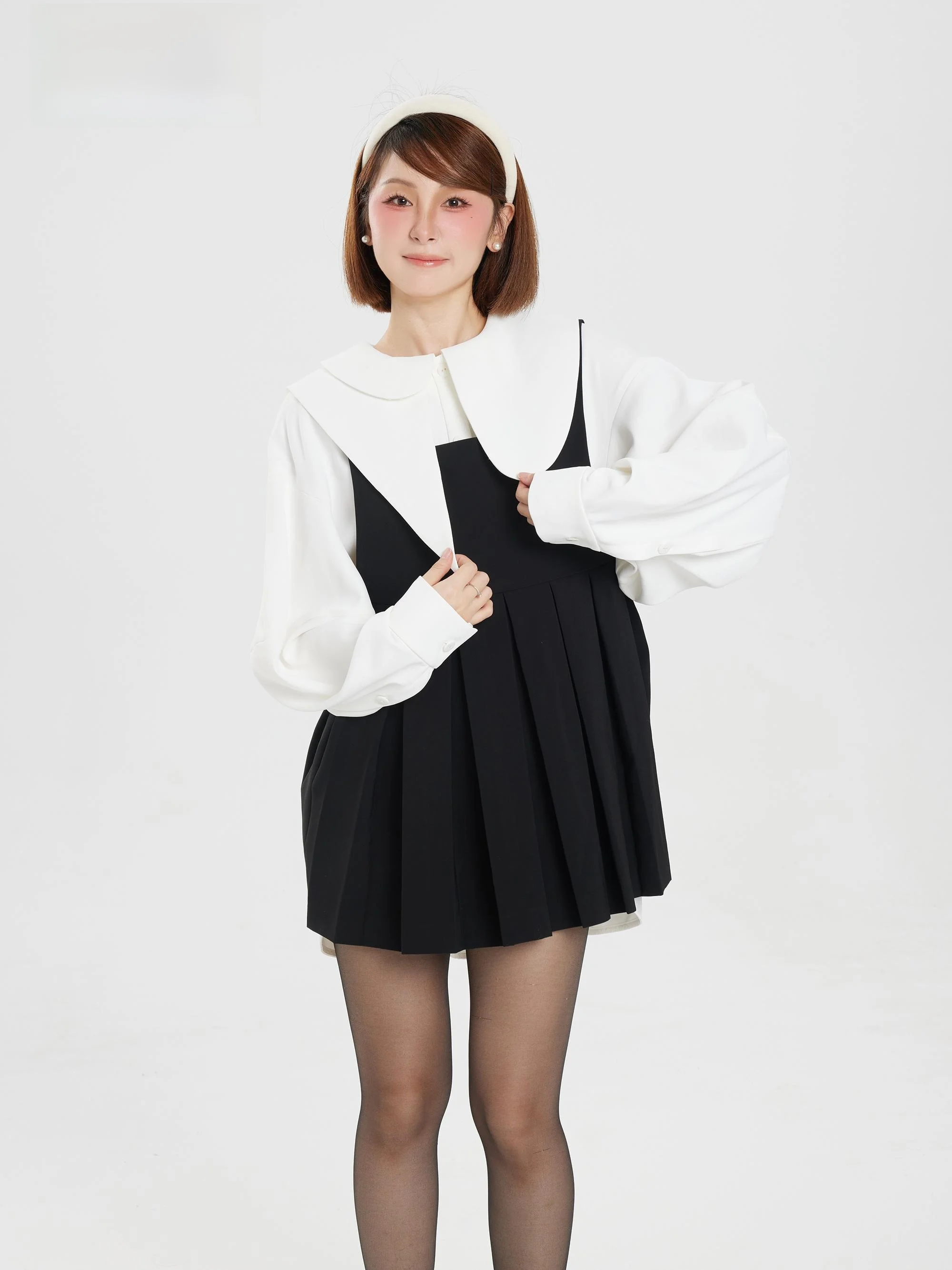 

JM with U Enfold Bal Pleated Vest Sle Strap Dr Two Piece Set Long Women's College Sle Loose Fit Polyester Fiber