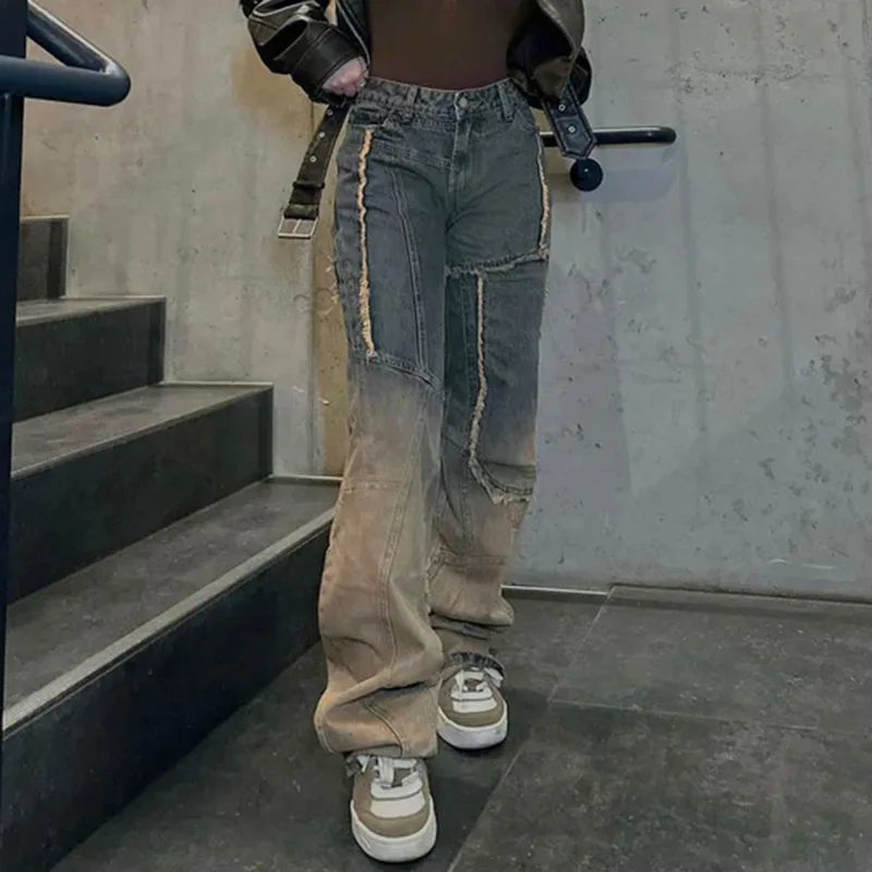 2025New Style Brushed Split Patchwork Design Gradient Jeans Color Block High Waist Hot Girl Straight Pants