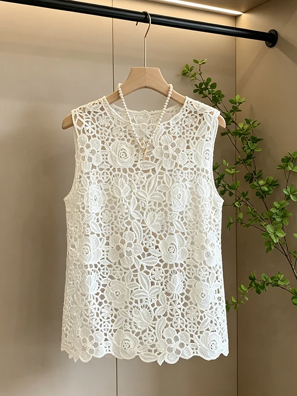 

plus Size Embroidered Lace Hollow out Design Sleeveless Women's Vest Summer 2026 Slimming Versatile Top Commute Style