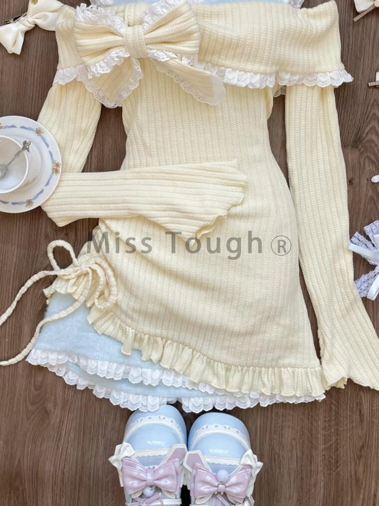 Autumn Japanese Sweet Fake Two Pieces Dress Design Cute Bow Long Sleeve Slim Dresses Women Pretty Fairy Lace Off Shoulder Dress