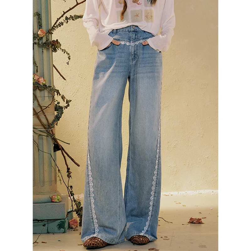 ELFSACK Women's Loose Wide Leg Jeans with Contrast Stitching, Vintage Blue Denim Pants, Casual Asymmetrical Daily Trousers