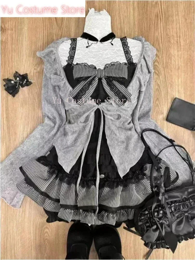 

StoreVintage3 e Skirt Suit Women Kawaii Ruffles Cardigan Outwear Bodycon Vest Blouse + Slim Y2k Skirts Evening Party Lolita