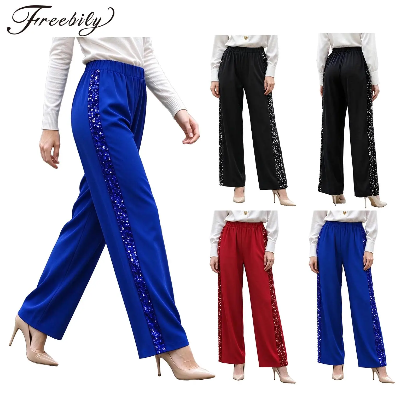 Trendy Women's Wide Leg Pants Side Sequin Velvet Patchwork Pants High Waisted Trousers for Woman Prom Party Fashion Streetwear