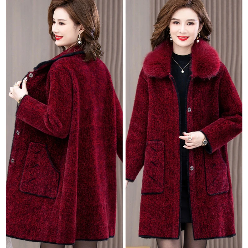 Winter New Middle-Aged Women Thicken Large Size Fox Fur Collar Faux Mink Outwear Women Mid-Length Temperament Casual Fur Coat