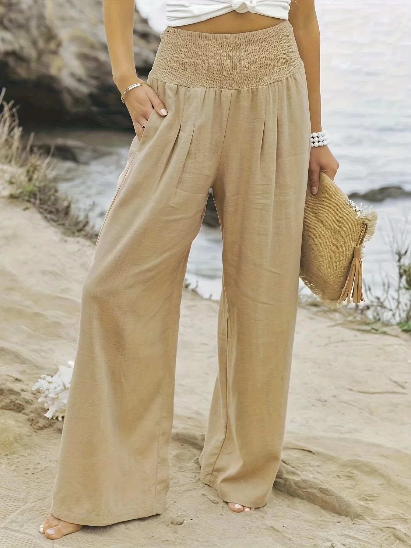 Spring and summer new women's casual pants solid color comfortable mid waist pants for women