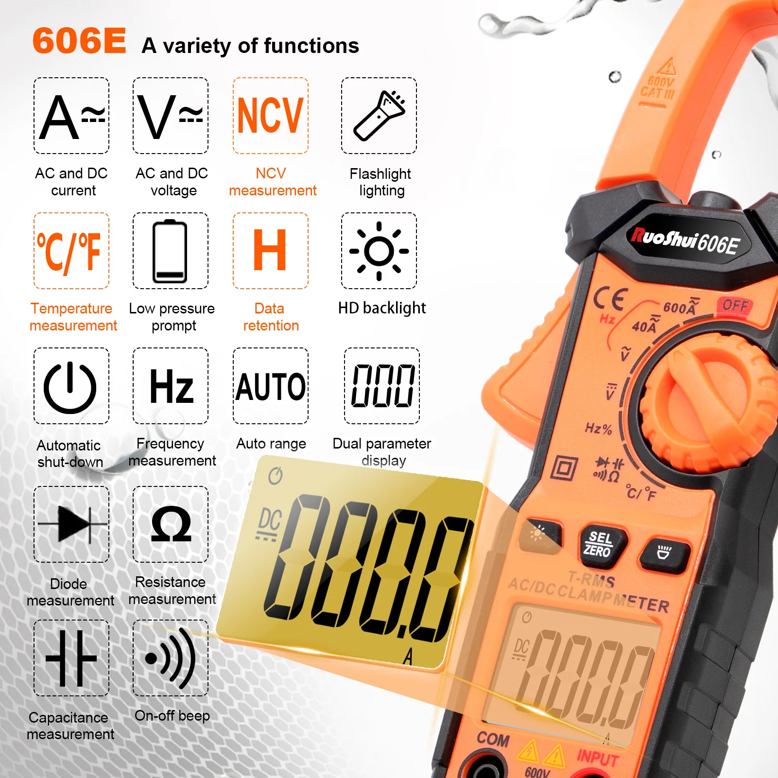 Roshui 606E Digital Clamp Meter 600A English Version Anti Burn Clamp Type Multimeter Electric Measuring Tool Parts